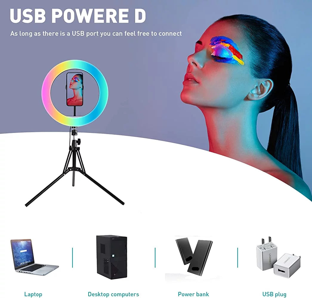 13" LED RGB Selfie Ring Light W/ Mini & Extendable Tripod Stand & Phone Holder 